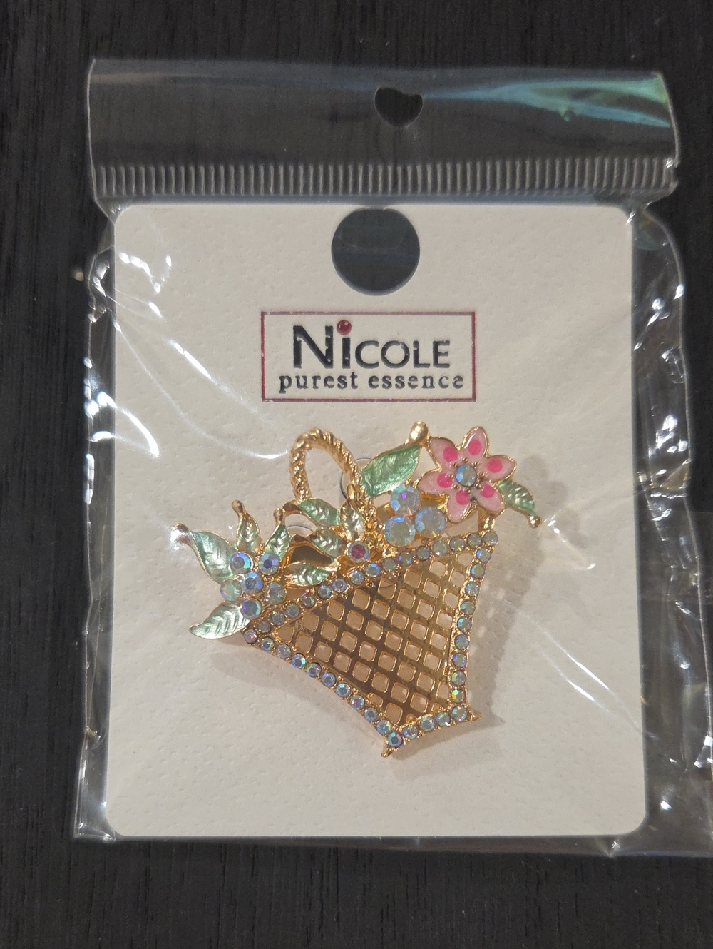 Nicole Purest Essence Gold-tone Floral Basket Brooch with Pink Flowers
